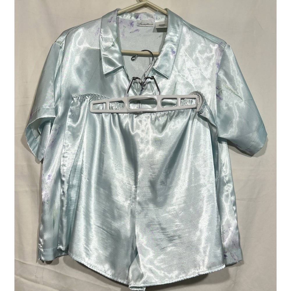 Pajama Short Set Mint Green Satin Top Has Florals Size M Shorts Set